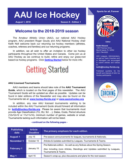 AAU Ice Hockey Sports for All, Forever August 1, 2018 Season 8 - Edition 1