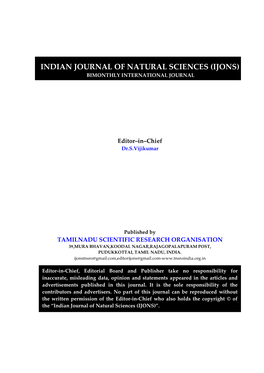 Indian Journal of Natural Sciences (Ijons) Bimonthly International Journal