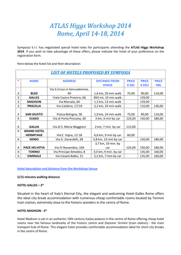 ATLAS Higgs Workshop 2014 Rome, April 14-18, 2014