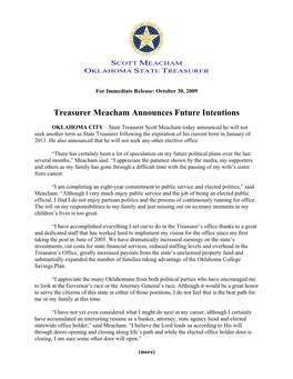 Treasurer Meacham Announces Future Intentions