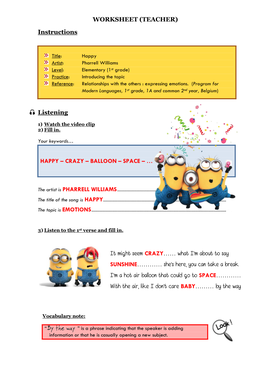 WORKSHEET (TEACHER) Instructions Listening HAPPY