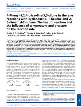 4-Phenyl-1,2,4-Triazoline-3,5-Dione in the Ene Reactions with Cyclohexene, 1-Hexene and 2, 3-Dimethyl-2-Butene