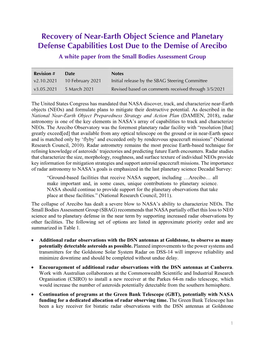 Recovery of Near-Earth Object Science and Planetary Defense Capabilities Lost Due to the Demise of Arecibo a White Paper from the Small Bodies Assessment Group