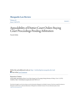 Appealability of District Court Orders Staying Court Proceedings Pending Arbitration Pamela Mathy