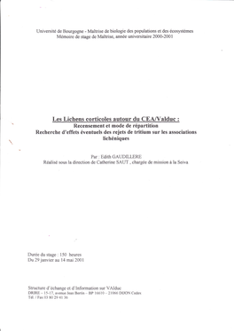 Les Lichens Corticoles Autour Du CEA/Valduc : Recensement Et Mode De Répartition Recherche D'effets Éventuels Des Rejets De Tritium Sur Les Associations Lichéniques