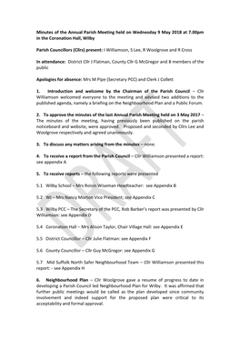 Minutes of the Annual Parish Meeting Held on Wednesday 9 May 2018 at 7.00Pm in the Coronation Hall, Wilby Parish Councillors