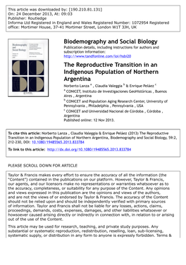 Biodemography and Social Biology the Reproductive Transition in An