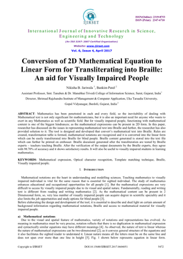 Conversion of 2D Mathematical Equation to Linear Form for Transliterating Into Braille: an Aid for Visually Impaired People