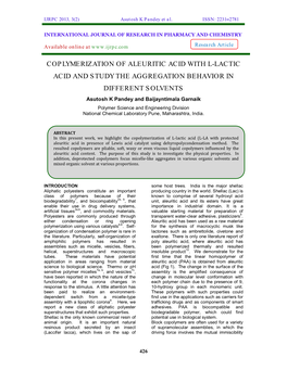 Coplymerization of Aleuritic Acid with L-Lactic Acid and Study the Aggregation Behavior in Different Solvents