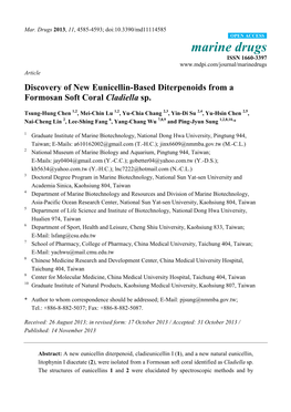 Discovery of New Eunicellin-Based Diterpenoids from a Formosan Soft Coral Cladiella Sp