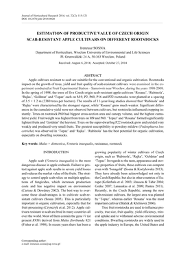 Estimation of Productive Value of Czech Origin Scab-Resistant Apple Cultivars on Different Rootstocks