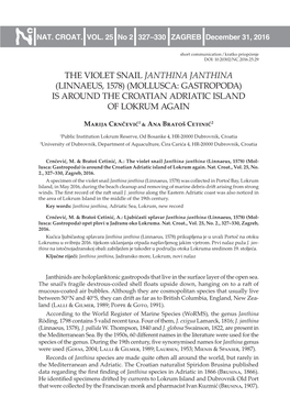 The Violet Snail Janthina Janthina (Linnaeus, 1578) (Mollusca: Gastropoda) Is Around the Croatian Adriatic Island of Lokrum Again