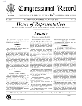 Congressional Record United States Th of America PROCEEDINGS and DEBATES of the 116 CONGRESS, FIRST SESSION