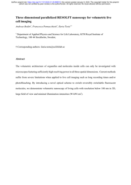 Three Dimensional Parallelized RESOLFT Nanoscopy for Volumetric Live Cell Imaging Andreas Bodén1, Francesca Pennacchietti1, Ilaria Testa1,†