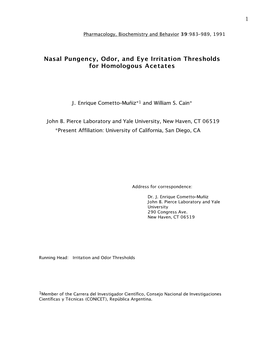 Nasal Pungency, Odor, and Eye Irritation Thresholds for Homologous Acetates