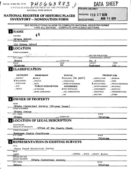 Data Sheet United States Department of the Interior 1'' National Park Service National Register of Historic Places Inventory - Nomination Form