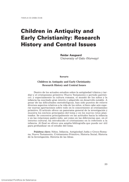 Children in Antiquity and Early Christianity: Research History and Central Issues