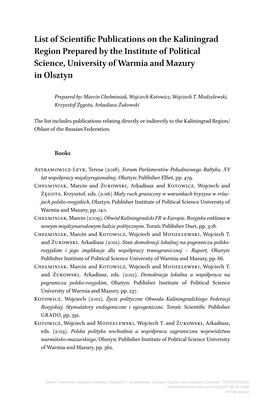 List of Scientific Publications on the Kaliningrad Region