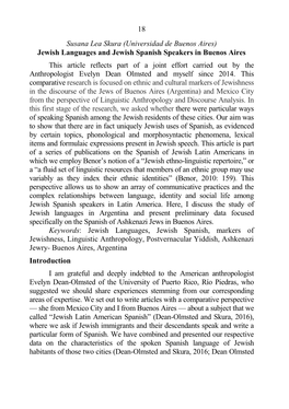 18 Susana Lea Skura (Universidad De Buenos Aires) Jewish Languages and Jewish Spanish Speakers in Buenos Aires This Article Refl