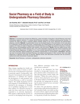 Social Pharmacy As a Field of Study in Undergraduate Pharmacy Education