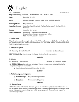 CITY COUNCIL Regular Meeting Minutes, December 12, 2011 at 5:30 P.M