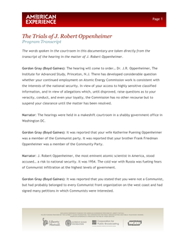 The Trials of J. Robert Oppenheimer Program Transcript