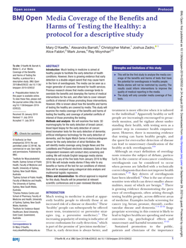 Media Coverage of the Benefits and Harms of Testing the Healthy: a Protocol for a Descriptive Study