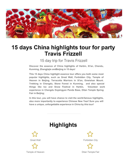 15 Days China Highlights Tour for Party Travis Frizzell 15 Day Trip for Travis Frizzell