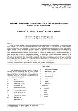 Thermal and Optical Study of Parabolic Trough Collectors of Shiraz Solar Power Plant