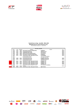 Blancpain GT Series Endurance Cup Official Detailed Timetable - V2 - 26/07/2018