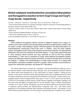 Nickel-Catalyzed Enantioselective Annulation/Alkynylation and Sonogashira Reaction to Form C(Sp3)-C(Sp) and C(Sp2)- C(Sp) Bonds, Respectively