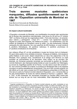 Trois Oeuvres Musicales Québécoises Marquantes, Diffusées Quotidiennement Sur Le Site De L'exposition Universelle De Montréal