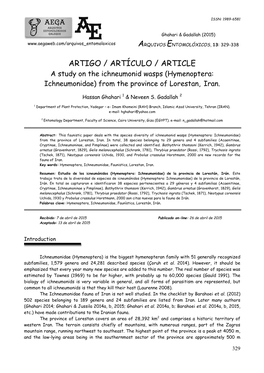 ARTIGO / ARTÍCULO / ARTICLE a Study on the Ichneumonid Wasps (Hymenoptera: Ichneumonidae) from the Province of Lorestan, Iran