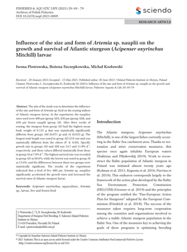 Influence of the Size and Form of Artemia Sp. Nauplii on the Growth and Survival of Atlantic Sturgeon (Acipenser Oxyrinchus Mitchill) Larvae