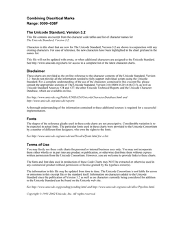 Combining Diacritical Marks Range: 0300–036F the Unicode Standard