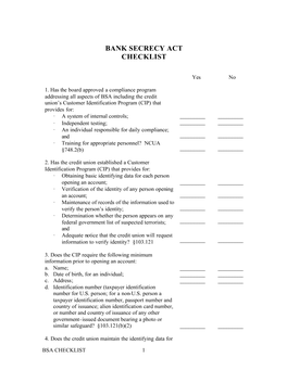 Bank Secrecy Act Checklist