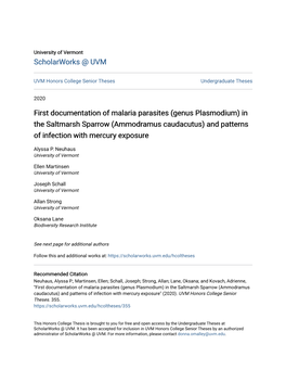 (Genus Plasmodium) in the Saltmarsh Sparrow (Ammodramus Caudacutus) and Patterns of Infection with Mercury Exposure