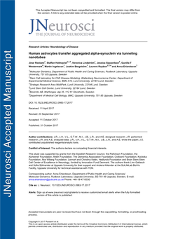 Human Astrocytes Transfer Aggregated Alpha-Synuclein Via Tunneling Nanotubes