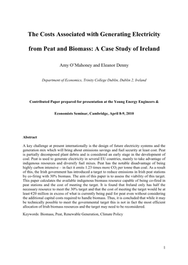 The Costs Associated with Generating Electricity from Peat and Biomass: a Case Study of Ireland