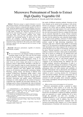 Microwave Pretreatment of Seeds to Extract High Quality Vegetable Oil S