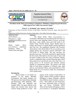 The Blister Beetle Meloe Proscarabaeus (Coleoptera: Meloidae) a Dangerous Pest Threatens Field Crops in New Valley Governorate, Egypt