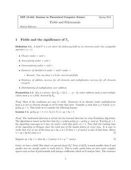 Fields and Polynomials 1 Fields and the Significance of Fp