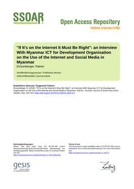 An Interview with Myanmar ICT for Development Organisation on the Use of the Internet and Social Media in Myanmar Einzenberger, Rainer