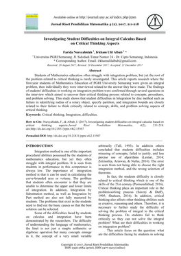 Investigating Student Difficulties on Integral Calculus Based on Critical Thinking Aspects