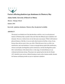 Factors Affecting Plankton Type Dominance in Monterey Bay