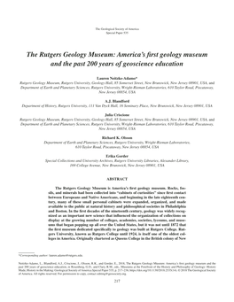The Rutgers Geology Museum: America’S ﬁ Rst Geology Museum and the Past 200 Years of Geoscience Education