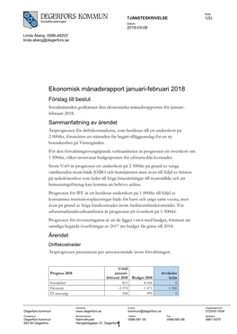 Ekonomisk Månadsrapport Januari-Februari 2018 Förslag Till Beslut Socialnämnden Godkänner Den Ekonomiska Månadsrapporten För Januari- Februari 2018