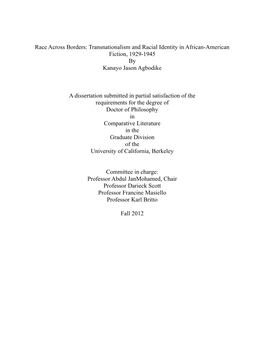 Race Across Borders: Transnationalism and Racial Identity in African-American Fiction, 1929-1945 by Kanayo Jason Agbodike