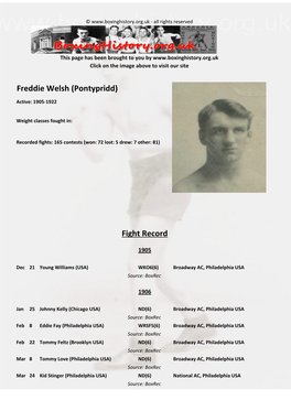 Fight Record Freddie Welsh (Pontypridd)