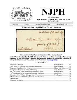 Vol. 40 No. 4 Whole Number 188 November 2012 New Jersey Legislative “Free” Franks